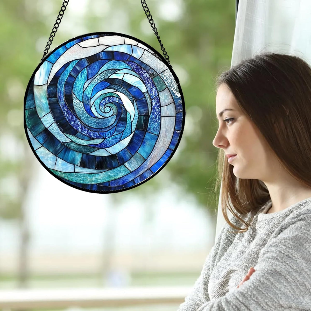 Stained Glass Window Hanging - Blue Abstract Swirl Suncatcher for Doors Garden Patio Unique Sun