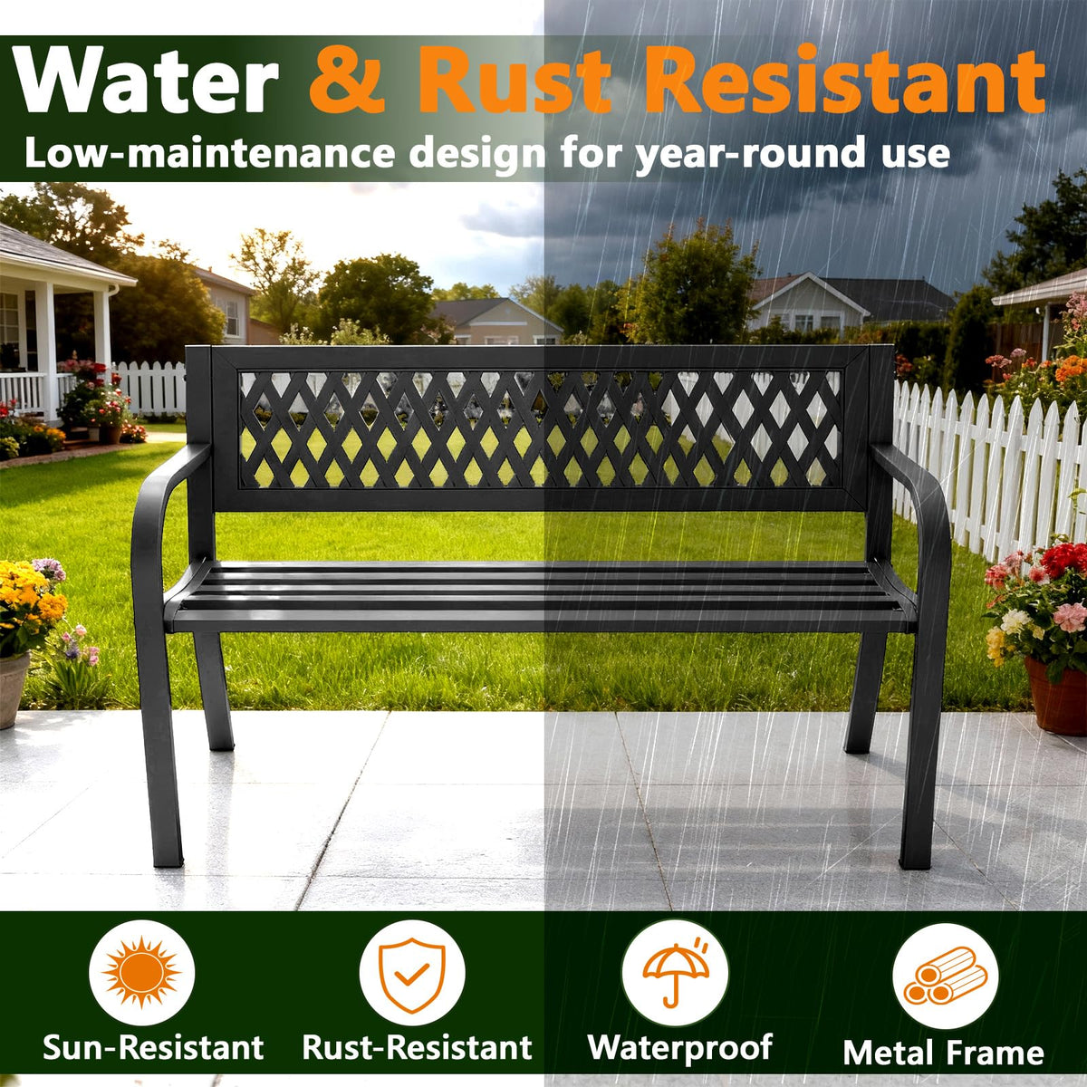 MAKE CHANGES Outdoor Bench, Garden Patio Park Entryway Metal Bench with Comfortable Backrest