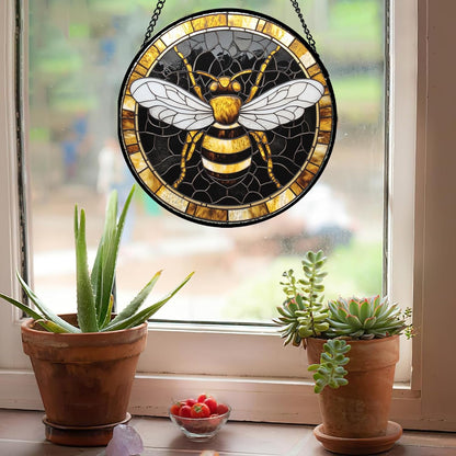 Stained Glass Window Hanging - Black Gold Bee White Wings Sun Catcher for Door Home Decor Insect
