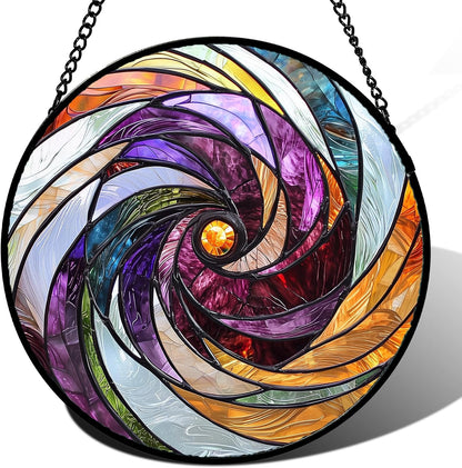 Stained Glass Window Hanging, Colorful Abstract Spiral Pattern Suncatcher for Doors Window Home Sun