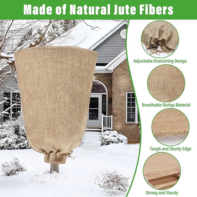 Riare 4 Packs 24 × 40 Inch Burlap Winter Plant Cover Bags with Drawstring- Reusable Large Burlap