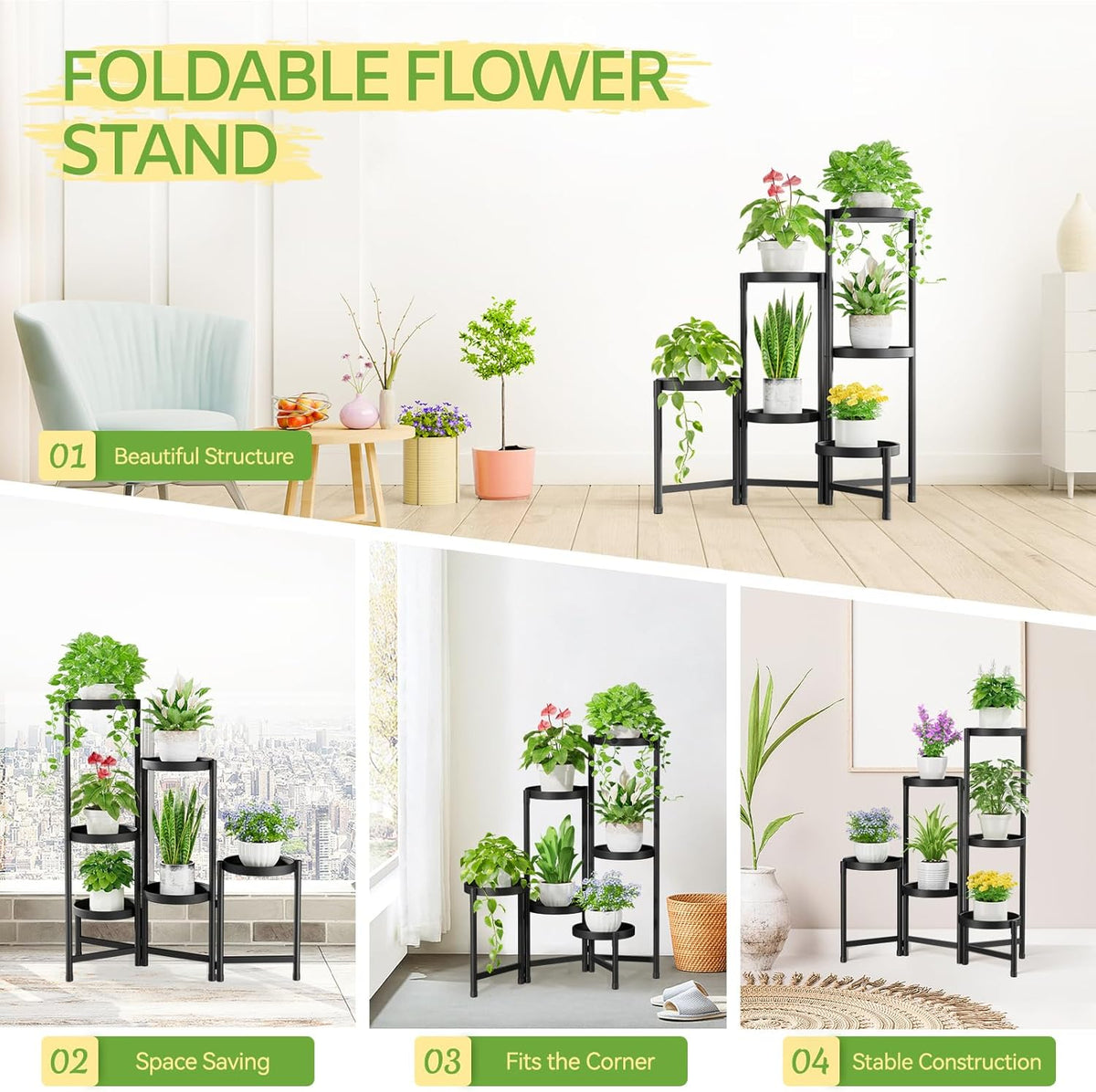 iDavosic.ly Plant Stand Indoor Outdoor, 6 Tier Corner Metal Flower Display Holder Shelf, Folding
