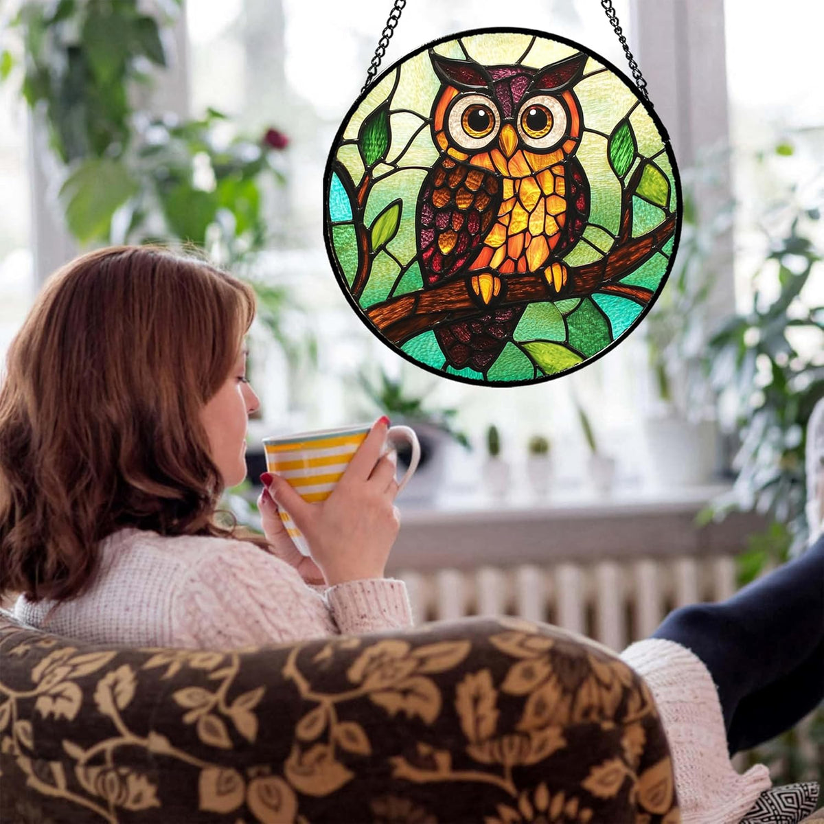 Stained Glass Window Hanging - Owl on a Branch Suncatcher for Doors Window Home Orange Brown Sun