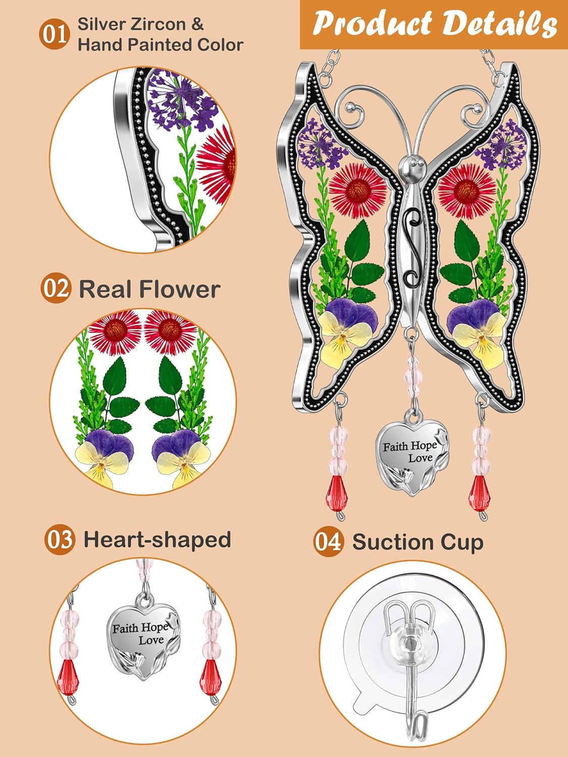 KY&BOSAM Butterfly Suncatcher Faith Hope Love Stained Glass Sun Cathers for Windows Hangings Wind