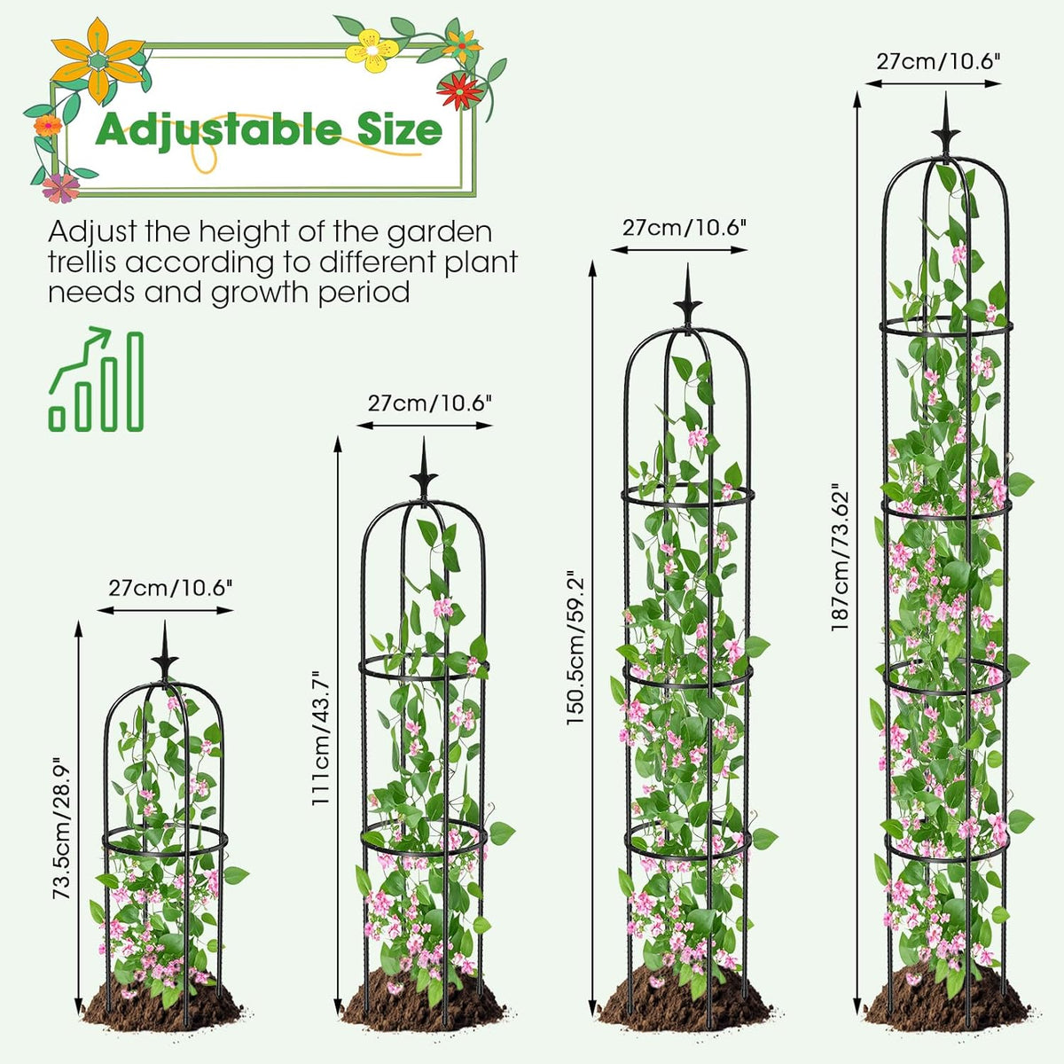 Tower Obelisk Garden Trellis for Climbing Plant，73.6inch Rustproof Metal Potted Plant Climbing