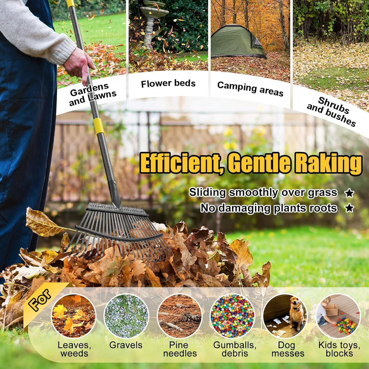 Rake for Leaves: Heavy Duty Metal Leaf Rake with 25 Tines- 18" Wide Head, 79" Splicing Handle