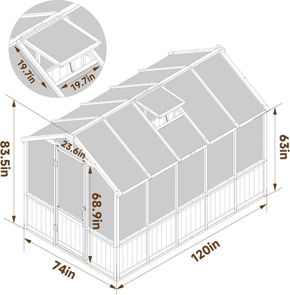 6x10 FT Green House for Outdoor, 6MM Thick Polycarbonate Panel Wooden Walk-in Greenhouse Kit with