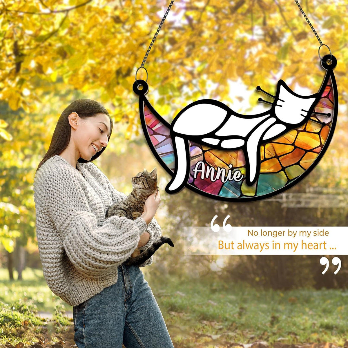 Cat Memorial Suncatcher, Personalized Name Pet Sleeping on Moon Ornament Window Car Hanging