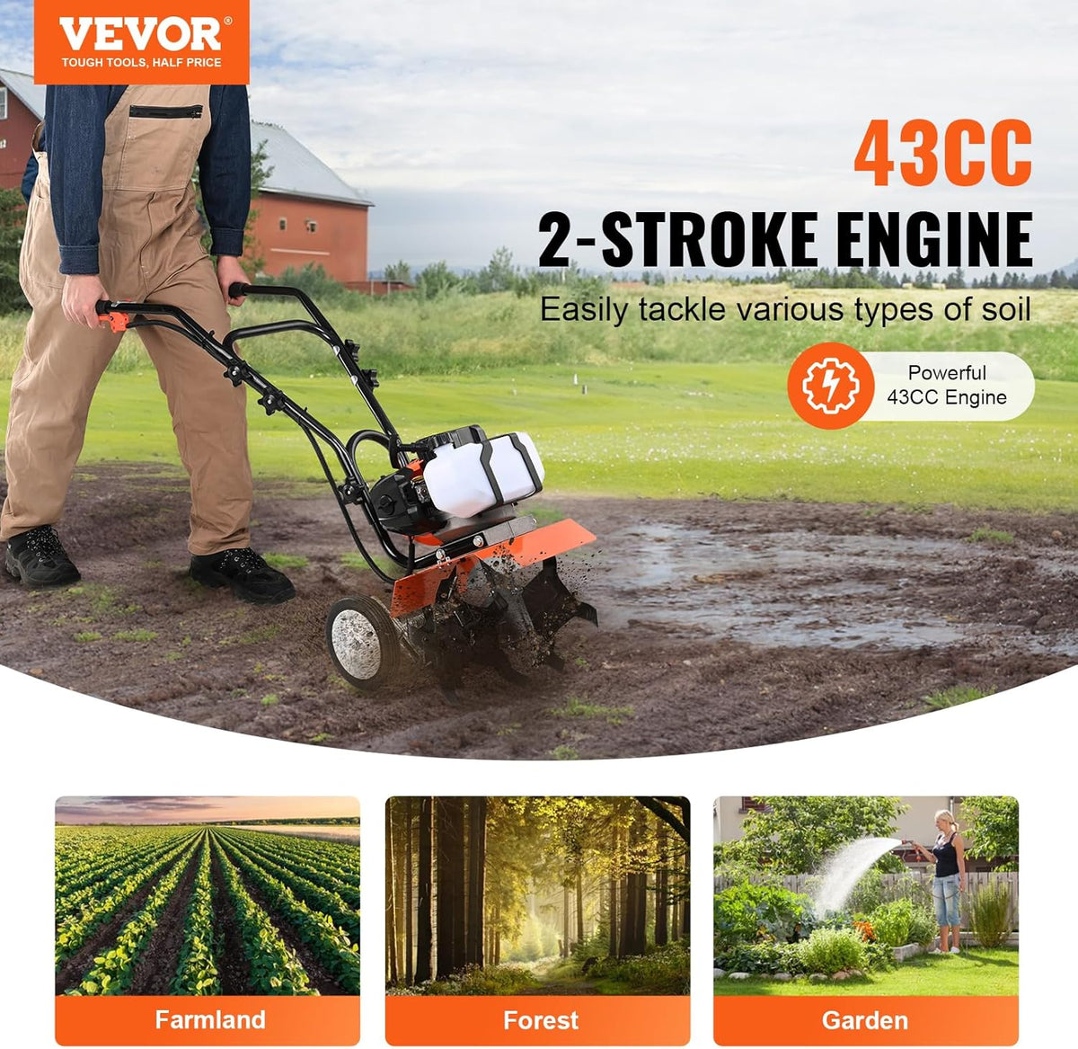 VEVOR Tiller Cultivator Gas Powered, 43CC 2-Stroke Garden Cultivator, Tiller with 4 Steel