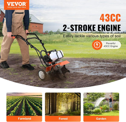 VEVOR Tiller Cultivator Gas Powered, 43CC 2-Stroke Garden Cultivator, Tiller with 4 Steel