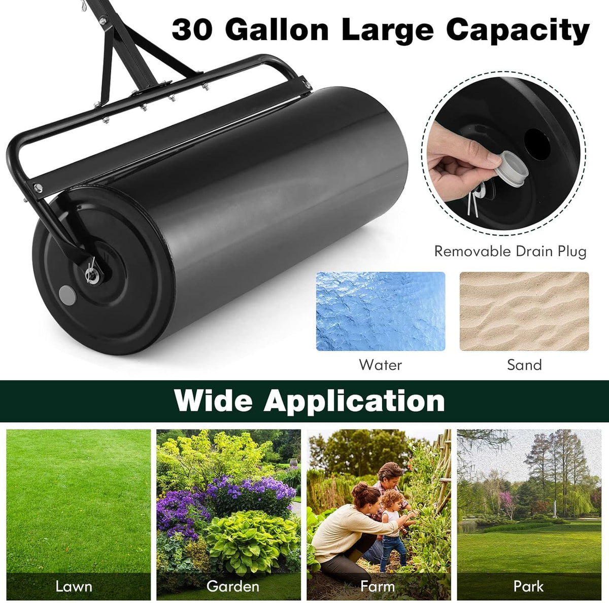 Goplus Lawn Roller, Push/Tow Behind Lawn Roller, 30 Gallon/113L Water Sand Filled Sod Roller Drum