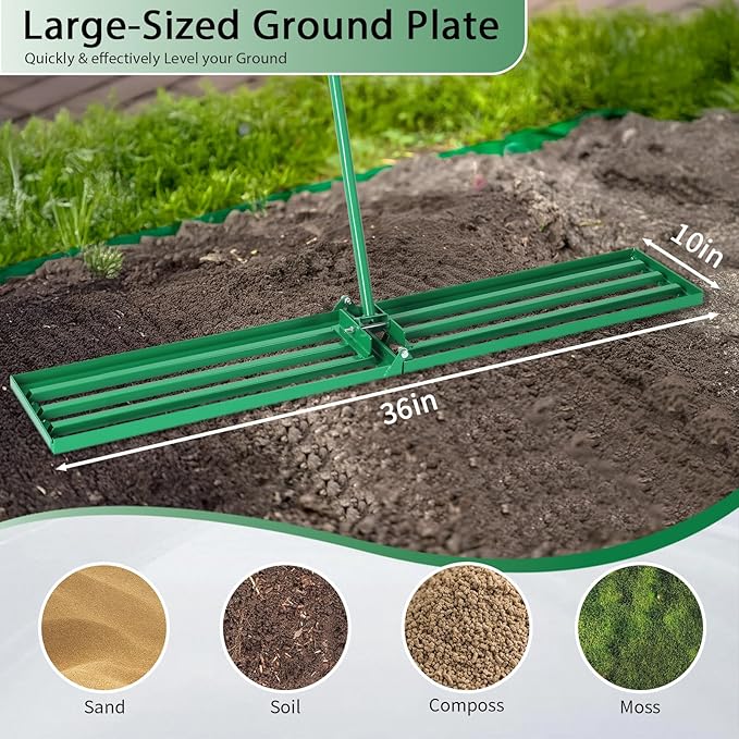 VINGLI Iron Lawn Leveling Rake 36in for Soil Sand Composs, Extended Handle, 180°Rotation Head, with
