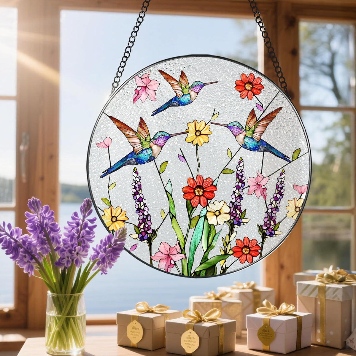 8 Inch Hummingbirds Stained Glass Suncatcher, Stained Glass Window Hanging, Window Hanging Decor
