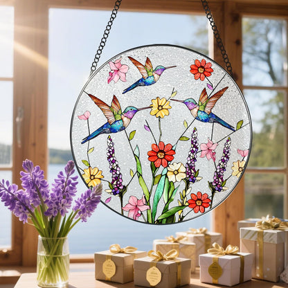 8 Inch Hummingbirds Stained Glass Suncatcher, Stained Glass Window Hanging, Window Hanging Decor