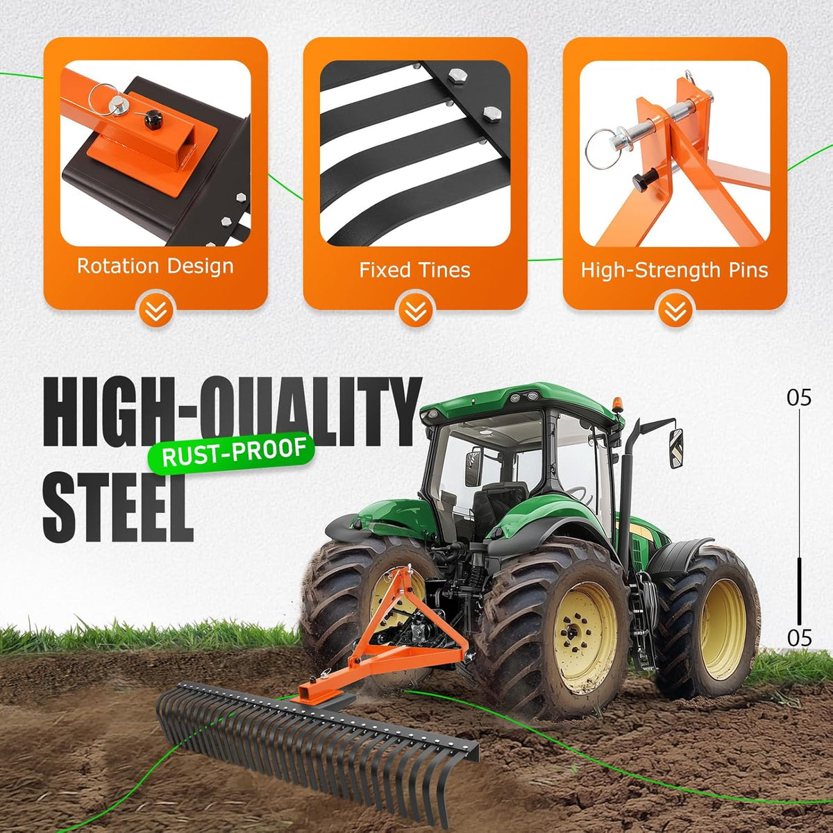 KUAFU 60 in Landscape Rake, 3 Point Rake Compatible with Category-1 Tractor, 360 Degree Rotation