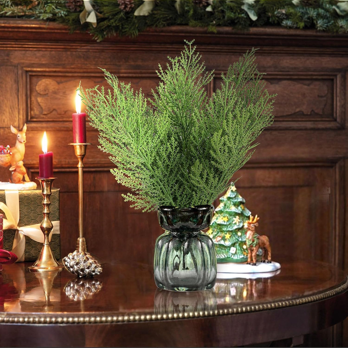 Hananona 40 Pcs Artificial Cedar Picks Faux Cedar Branches Fake Cypress Stems Plastic Pine Greenery