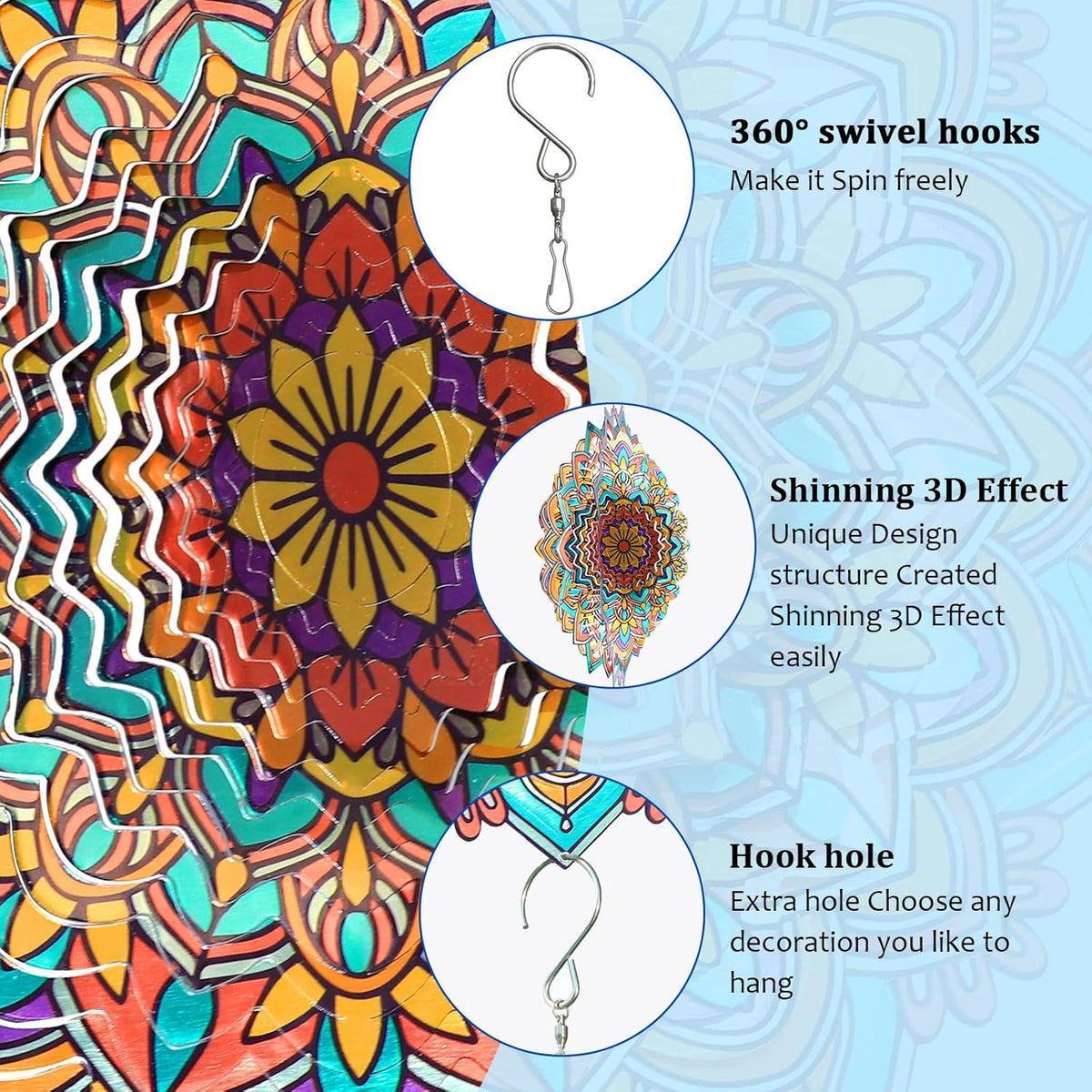 Mandala Daisy Wind Spinner - 12In 3D Kinetic Metal Wind Spinners, Stainless Steel Laser Cut Hanging