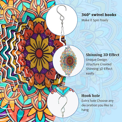 Mandala Daisy Wind Spinner - 12In 3D Kinetic Metal Wind Spinners, Stainless Steel Laser Cut Hanging