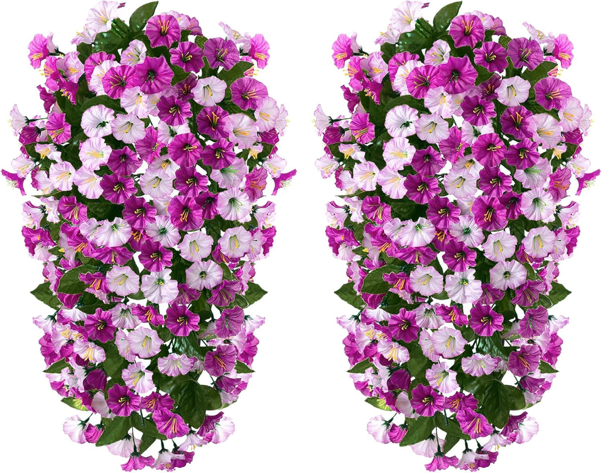 HyeFlora Artificial Fake Hanging Flowers Plants for Outdoor Outside, 2PCS Faux Silk Morning Glory