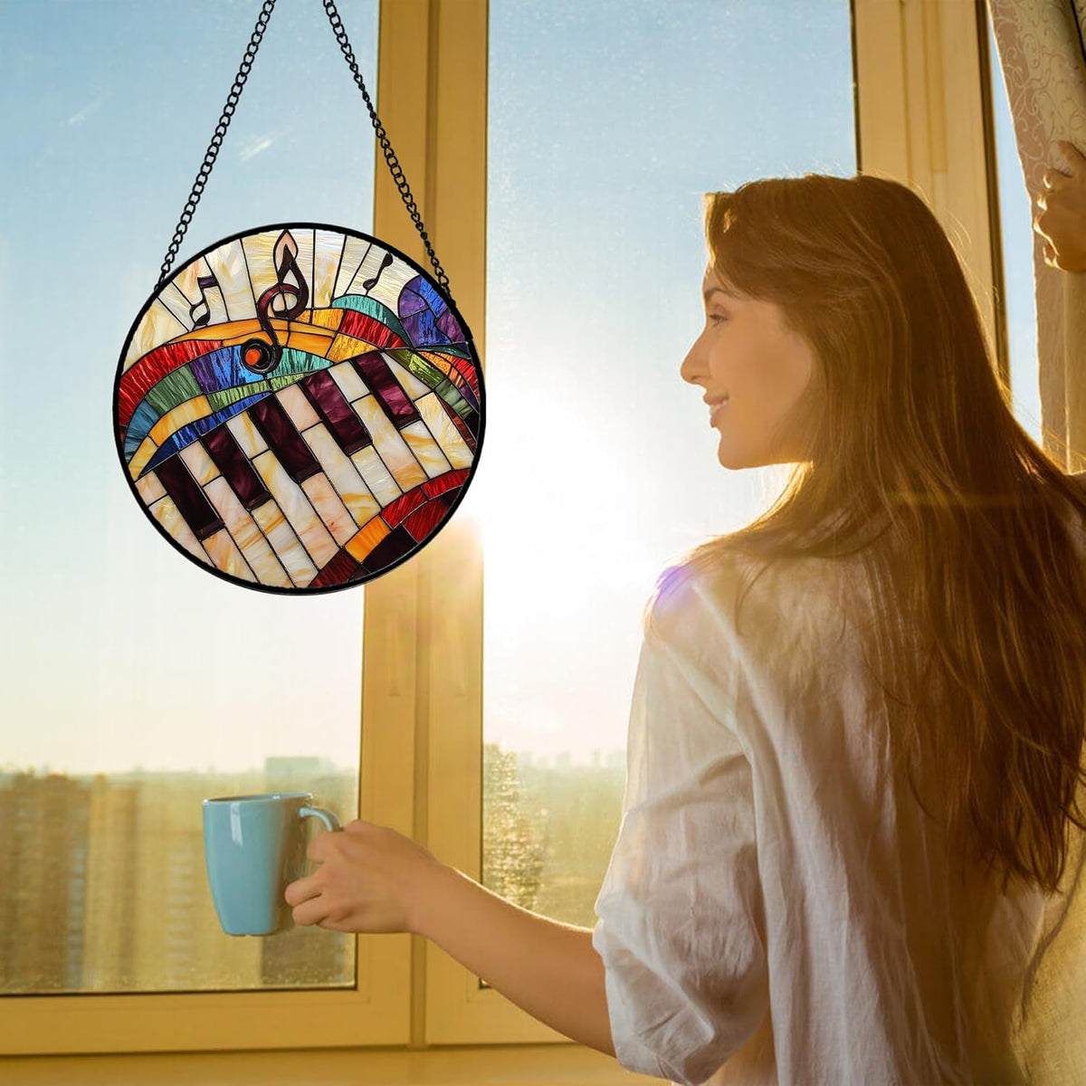 Stained Glass Window Hanging, Piano Notes Sun Catchers Glass Panel Suncatcher Decor for Birthday