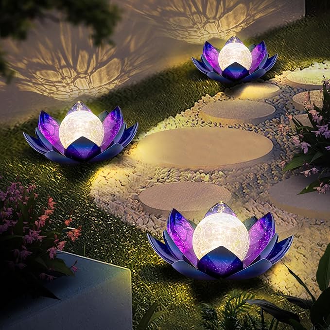Huaxu Solar Lights for Outdoor Decor, Purple Lotus Flower Light, Waterproof LED Crackle Globe Glass