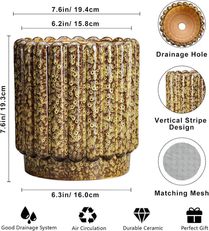 Ceramic Planter - 7.6 Inch Ceramic Plant Pots Indoor, Round Flower Pots with Drainage Hole, Fluted