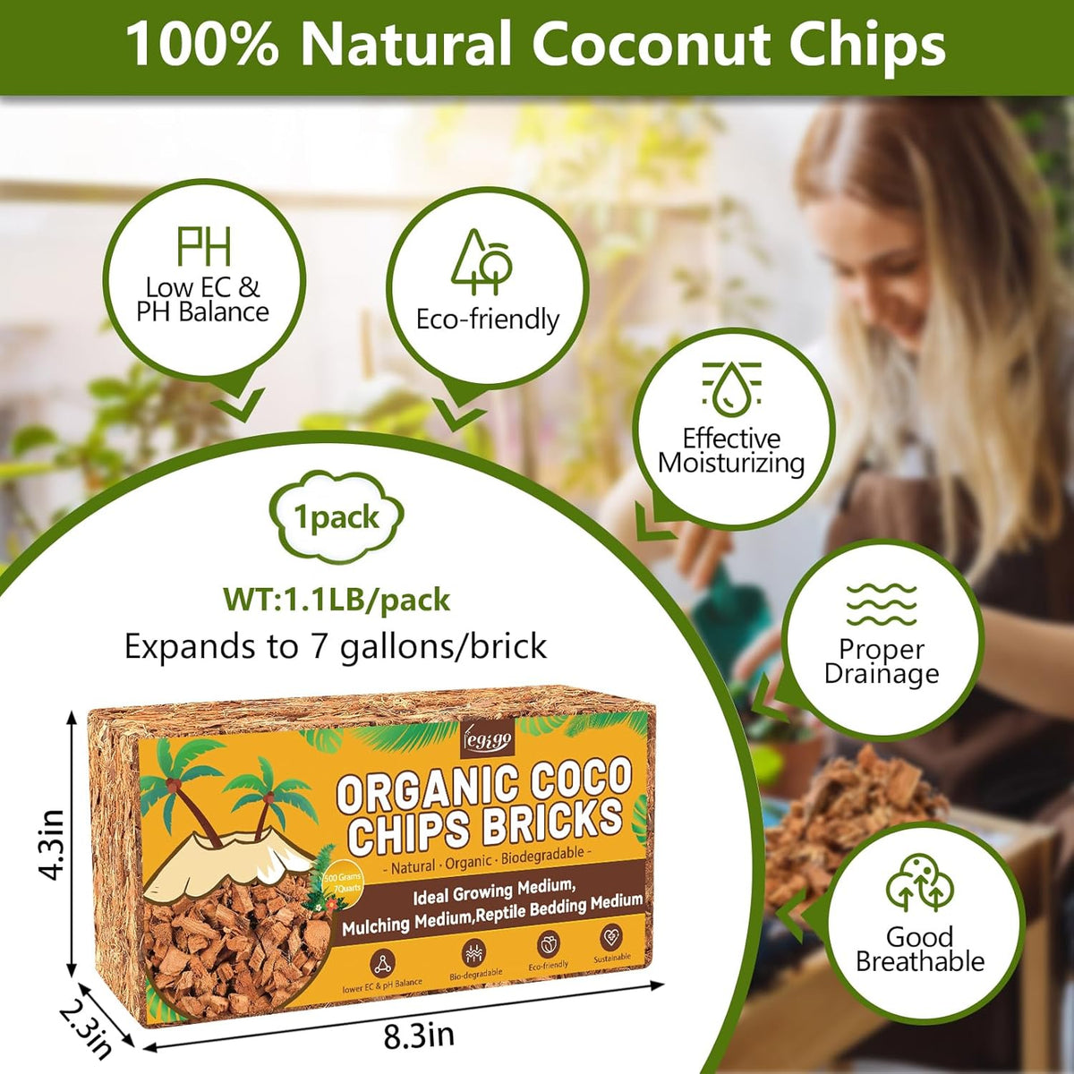 Legigo 1.1 LB Coco Husk Chips for Plants- 100% Organic Coconut Coir Chips Brick with Low EC & PH