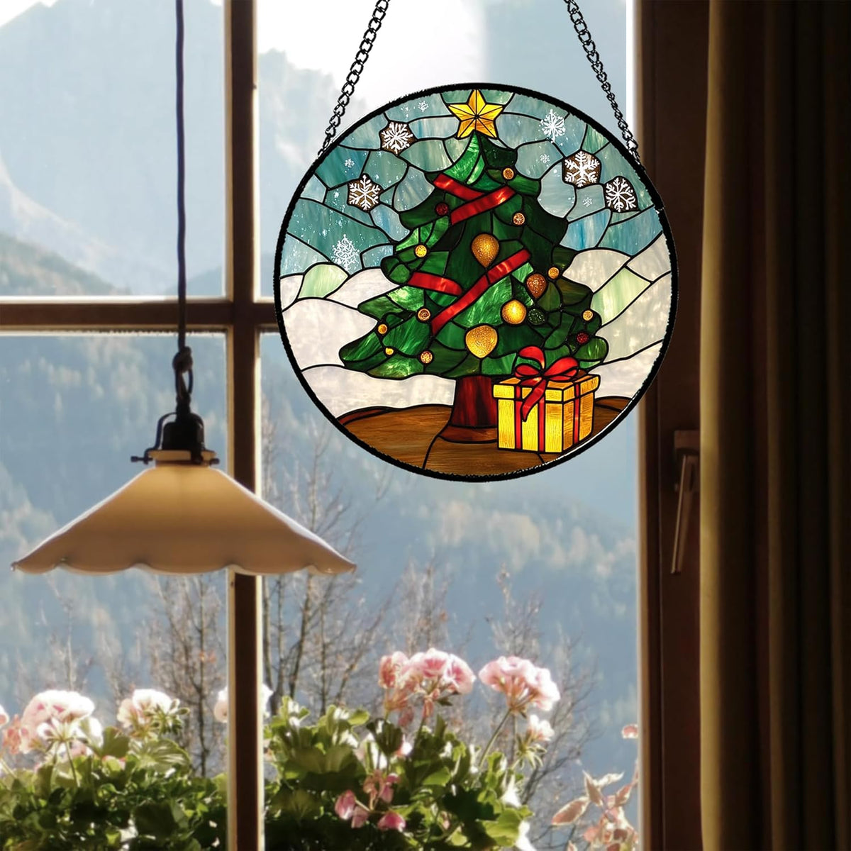 Stained Glass Window Hanging Green Christmas Tree Snowflake Large 11.8" - Suncatcher Door Garden