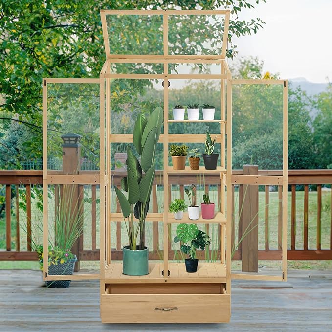 Macrout Cold Frame Greenhouse, Tall Wooden Greenhouse for Outdoor Indoor Use with Polycarbonate