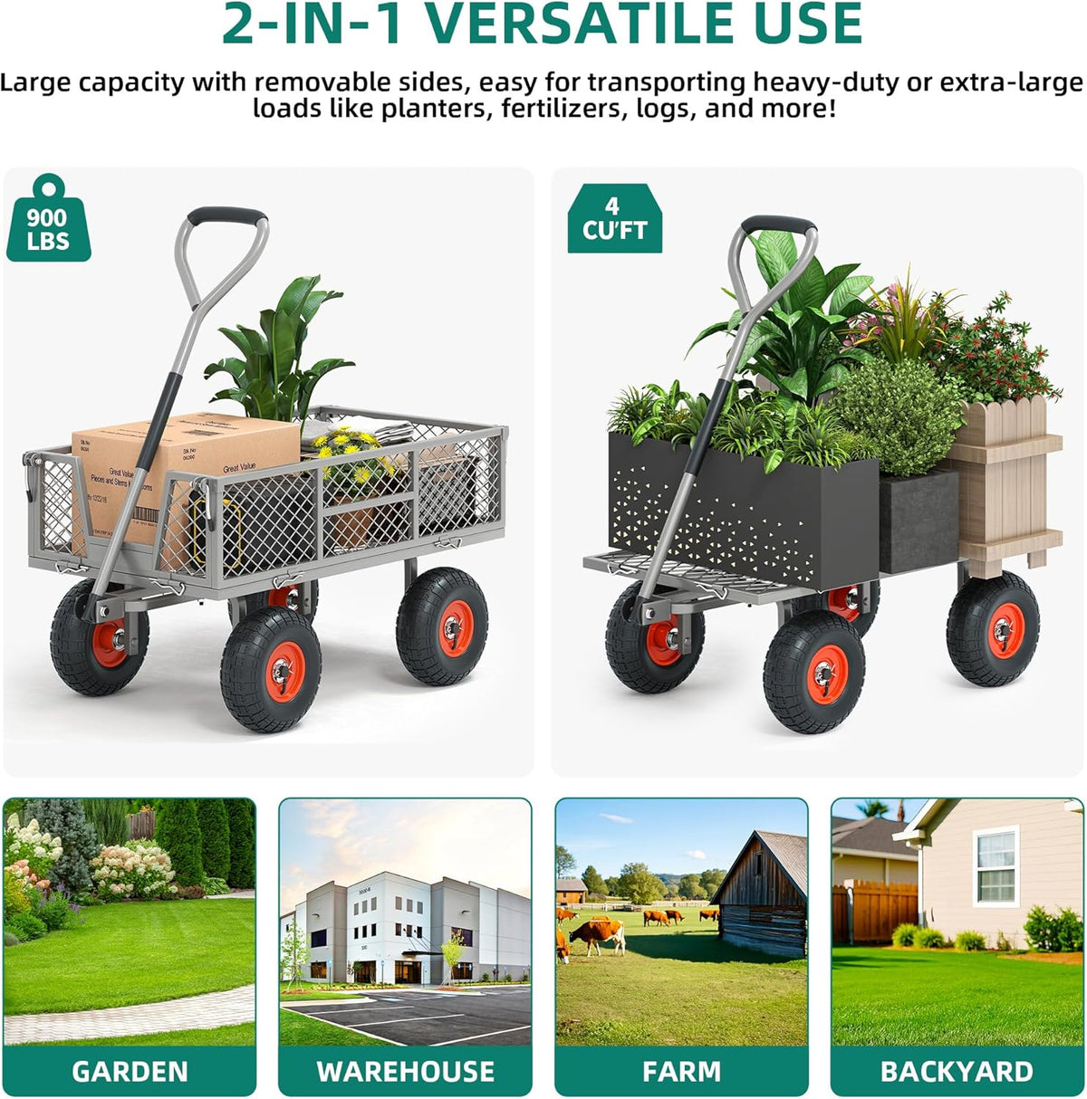 Heavy Duty 900 lbs Capacity Mesh Steel Garden Cart - 10" Pneumatic Tires, 180° Rotating Handle