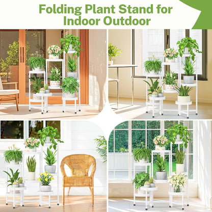 iDavosic.ly 8 Tier Folding Plant Stand Indoor Outdoor with Plastic Tray, Tiered Corner Flower