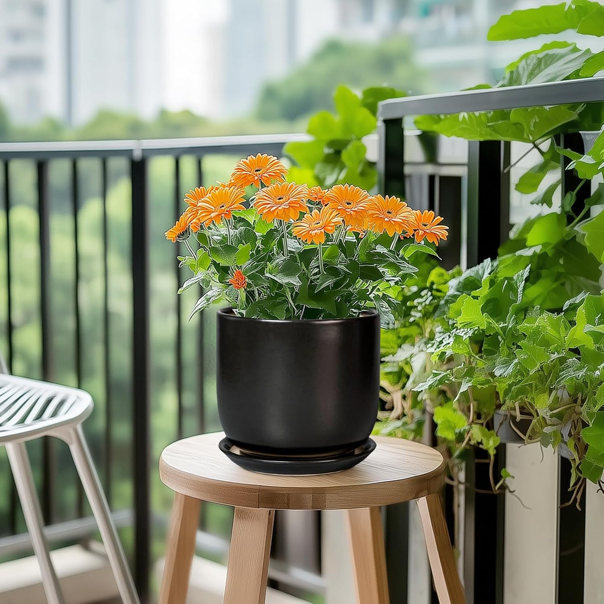Ceramic Planter 7 Inch - Cylinder Round Modern Indoor Plant Pot for Plants with Drainage Hole and