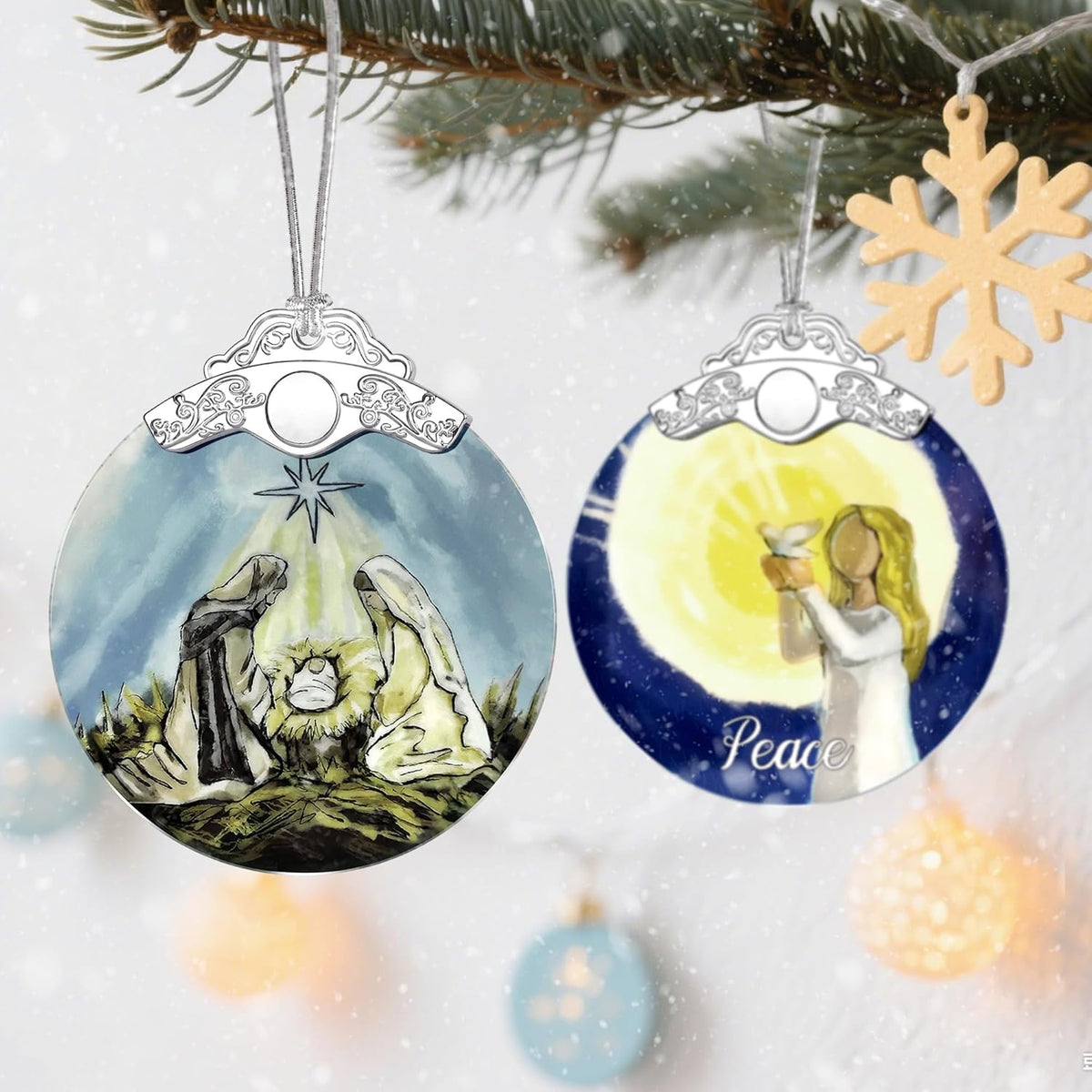 Stained Glass Nativity Ornament, Religious Christmas Ornaments, Christmas Decorations for Tree