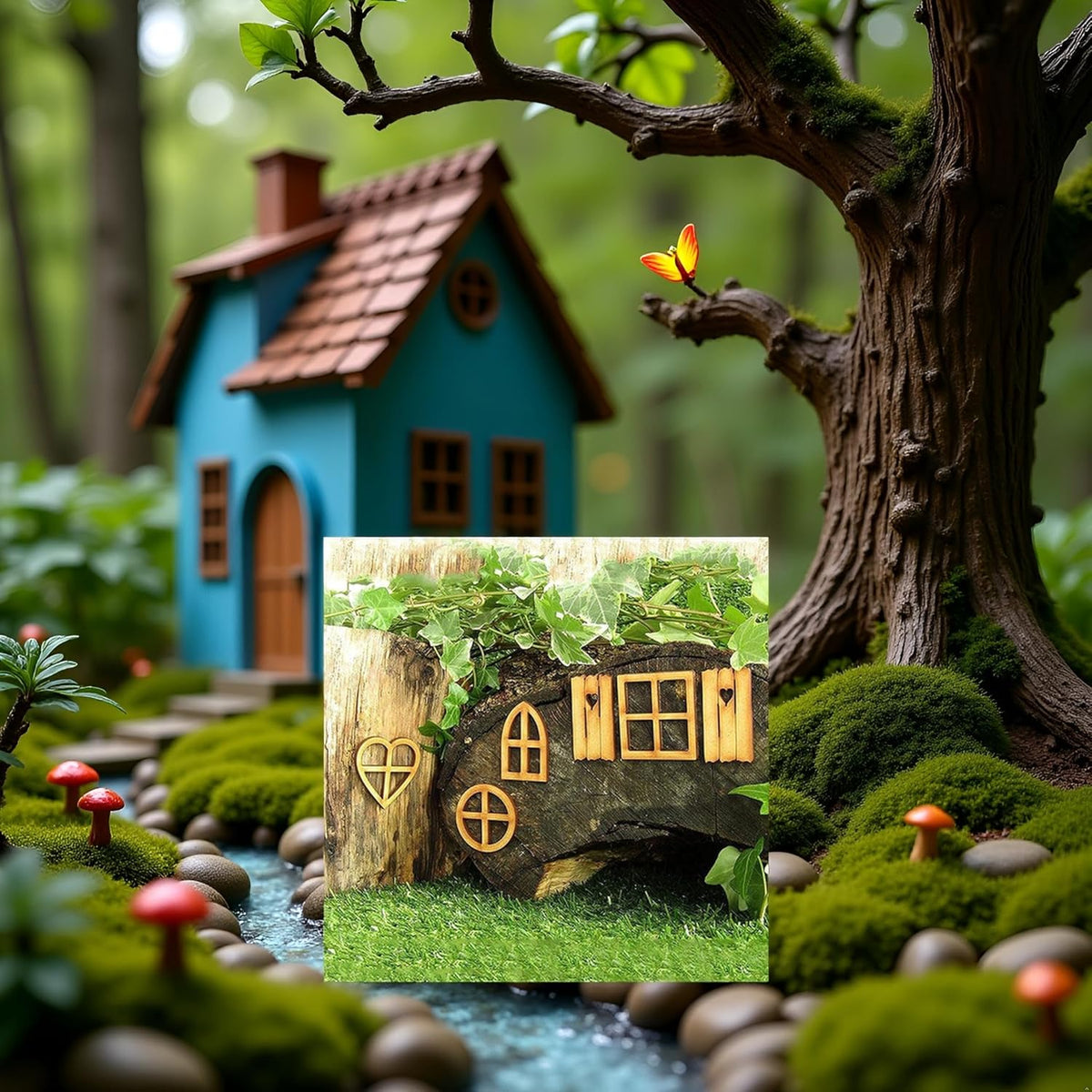 6Pcs Wooden Fairy Garden Door, Blank Door House and Windows Ornaments Tree Statues for Trunk Yard