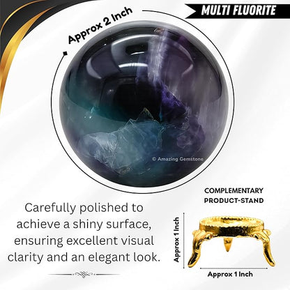 Amazing Gemstone Fluorite Crystal Ball with Stand - 2 Inches Crystal Sphere Meditation Balls for