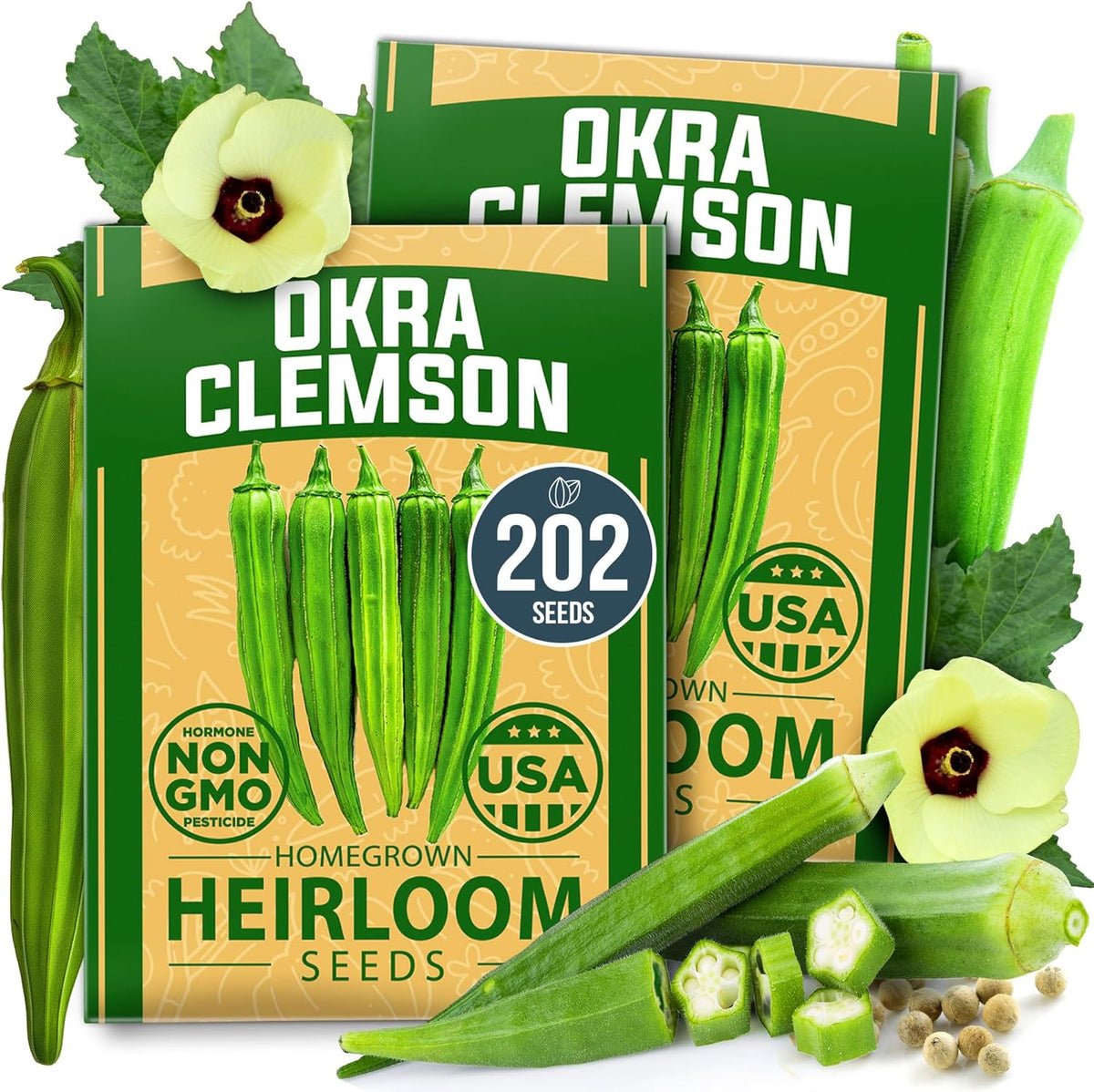 HOME GROWN Clemson Spineless Okra Seeds - 202 (2 Pack) 𝗡𝗢𝗡-𝗚𝗠𝗢 𝗨𝗦𝗔 Heirloom Vegetable