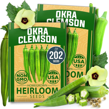 HOME GROWN Clemson Spineless Okra Seeds - 202 (2 Pack) 𝗡𝗢𝗡-𝗚𝗠𝗢 𝗨𝗦𝗔 Heirloom Vegetable