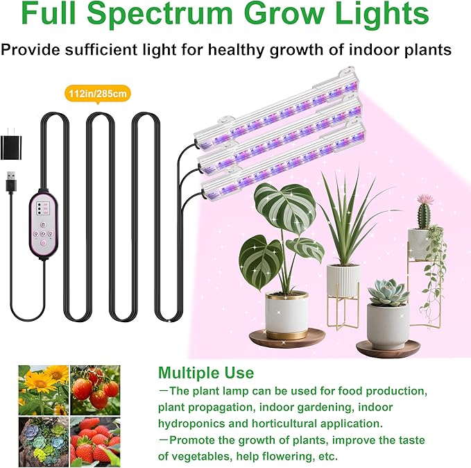 7.8'' 3 Head LED Grow Light Strips, Grow Lamps for Indoor Plants Full Spectrum, Plant Light with