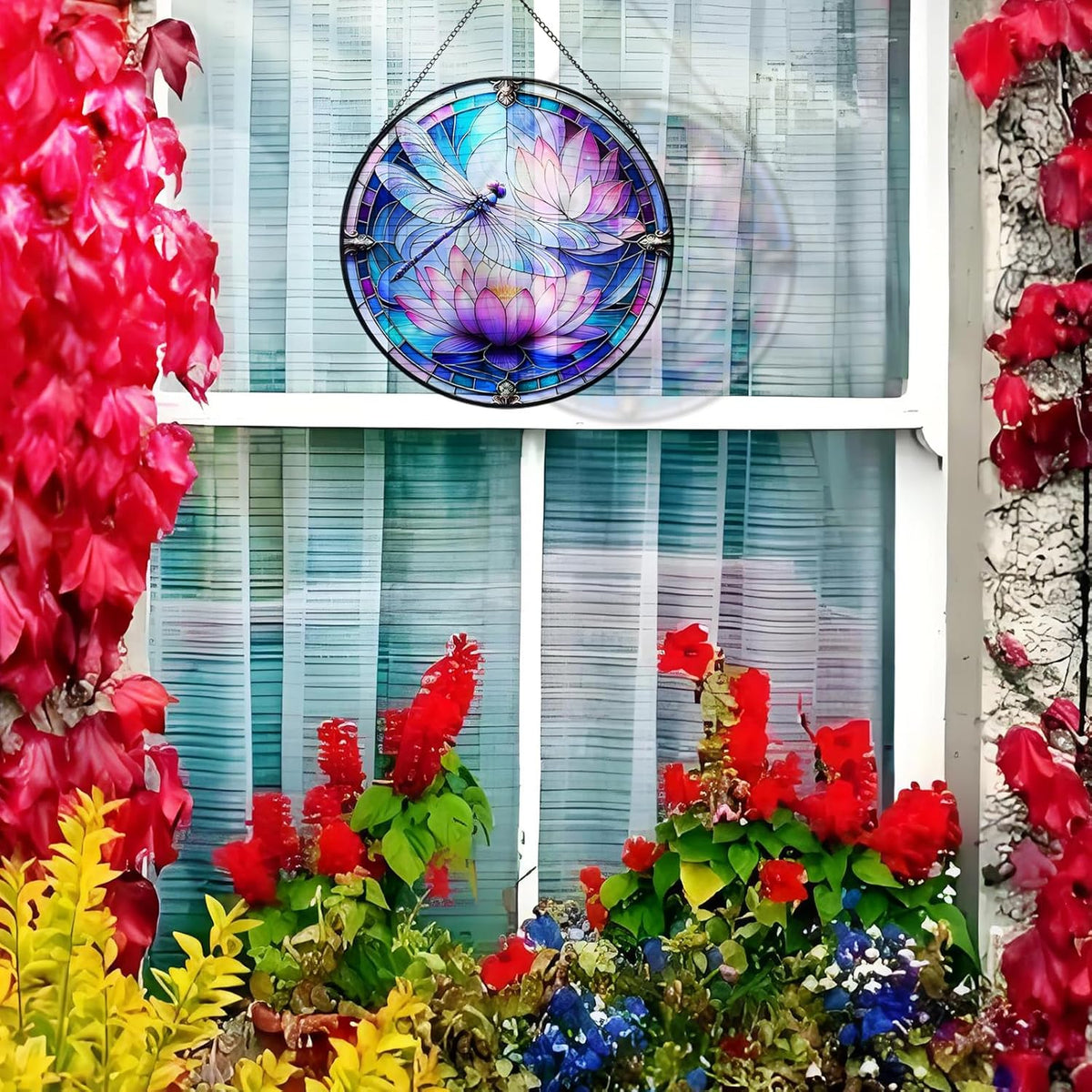 RIVEENY Stained Glass Window Hanging, Stain Glass Dragonfly Gifts Sun Catcher for Windows, 7.8 inch