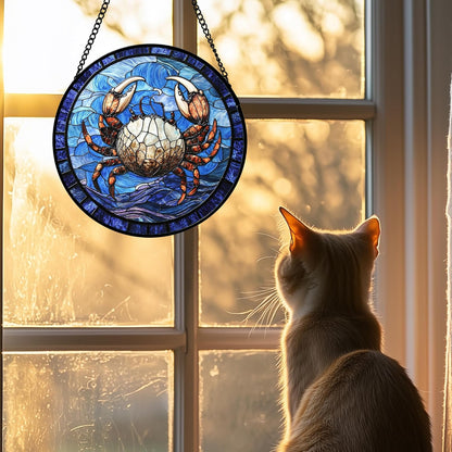Stained Glass Window Hanging 4 Pcs Set Blue Ocean Waves Large 11.8" - Starfish Crab Seal Suncatcher