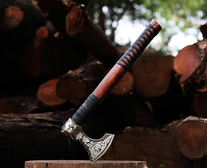 Viking Axe | 18" Carbon Steel Throwing Hatchet with Ash Wood Handle & Leather Sheath | Etched Norse
