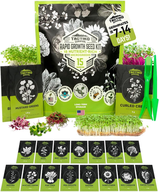 15 Tactiko Rapid Growth Microgreens & Vegetable Seed Kit – Heirloom Non-GMO Grown in USA – for