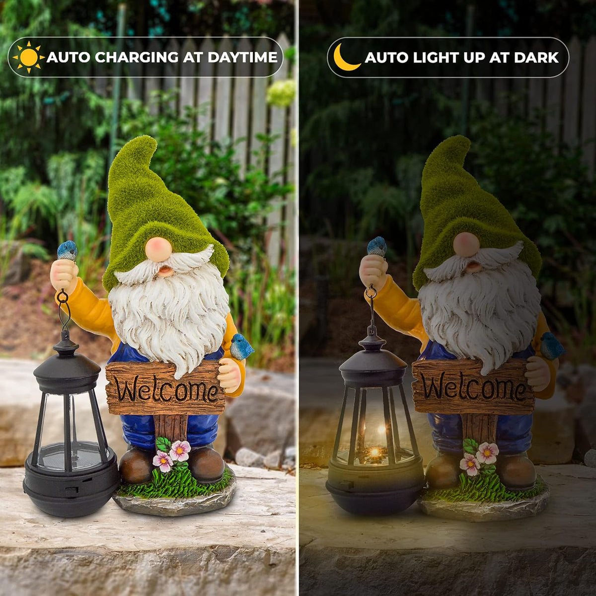 Christmas Garden Gnomes Outdoor - Flocked Gnome Statue Holding Lantern with Solar LED Lights |