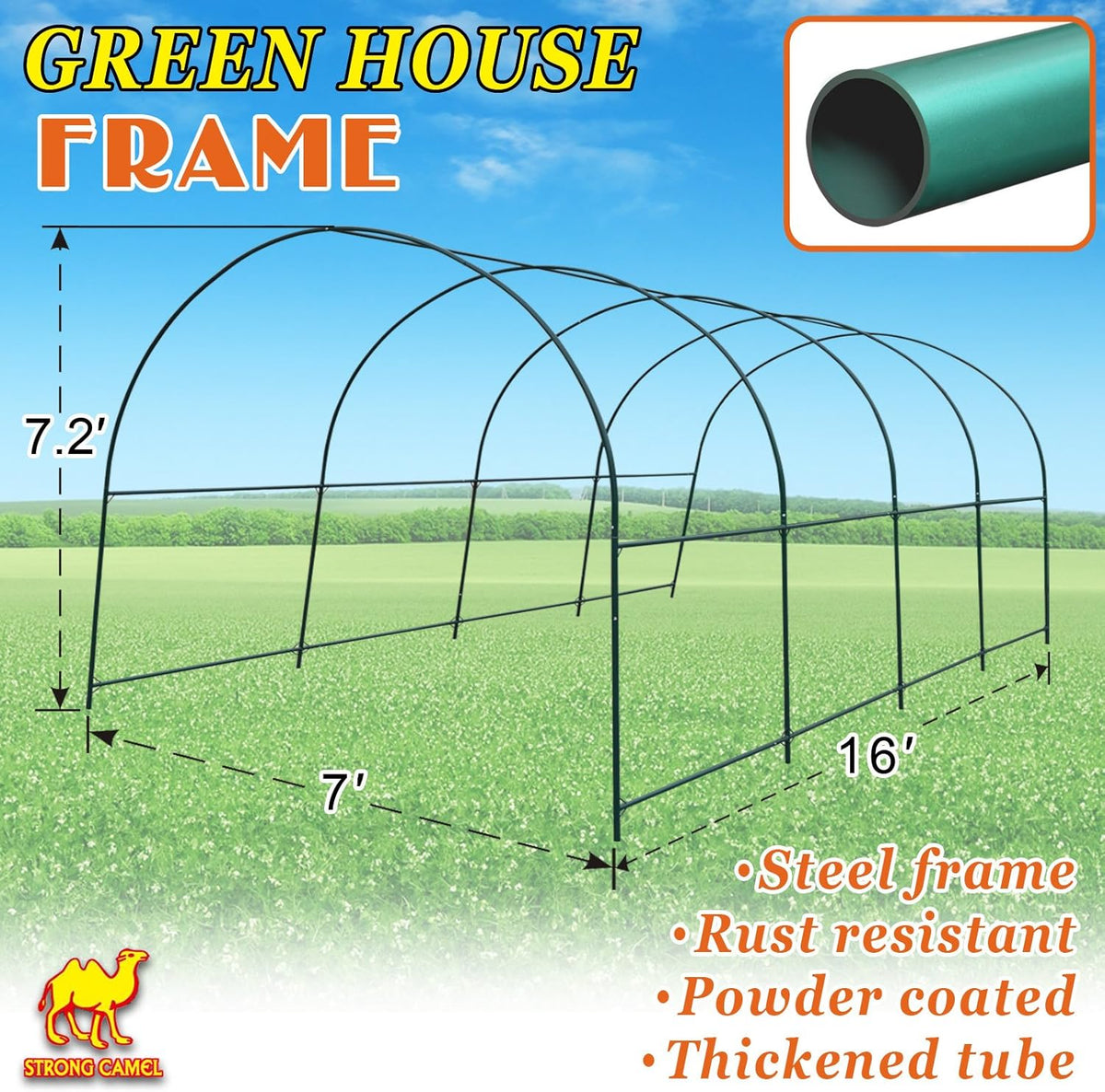 Strong Camel Greenhouse Replacement Frame for 16' X 7' X 7' Larger Hot Garden House , Support Arch