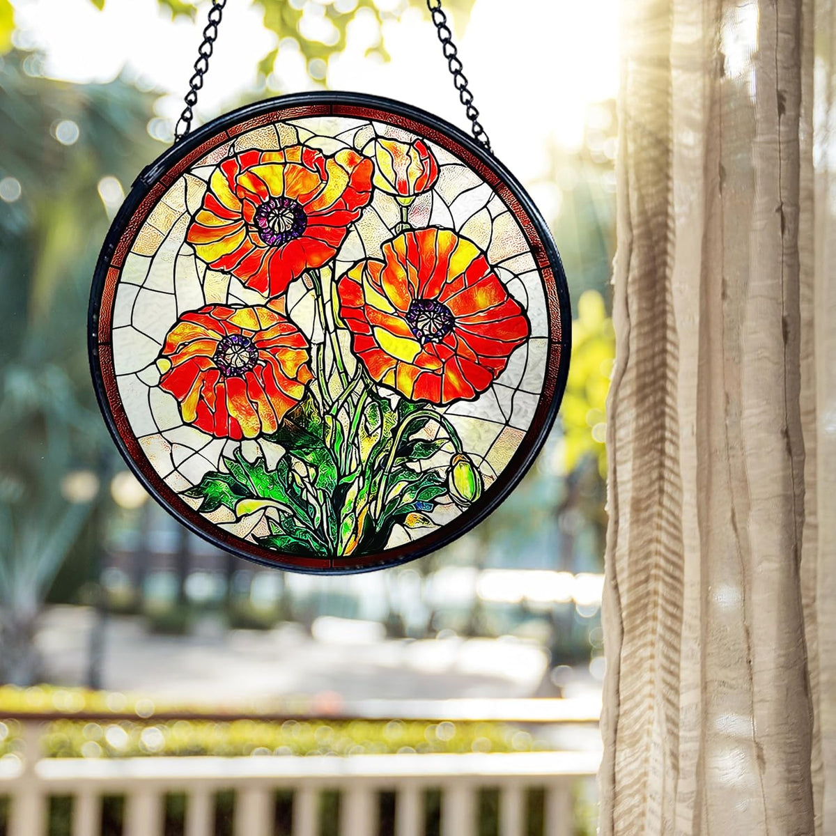 kdqua Poppy Flower Suncatcher Stained Glass Window Hanging, Poppy Flower Gifts Sun Catchers Indoor