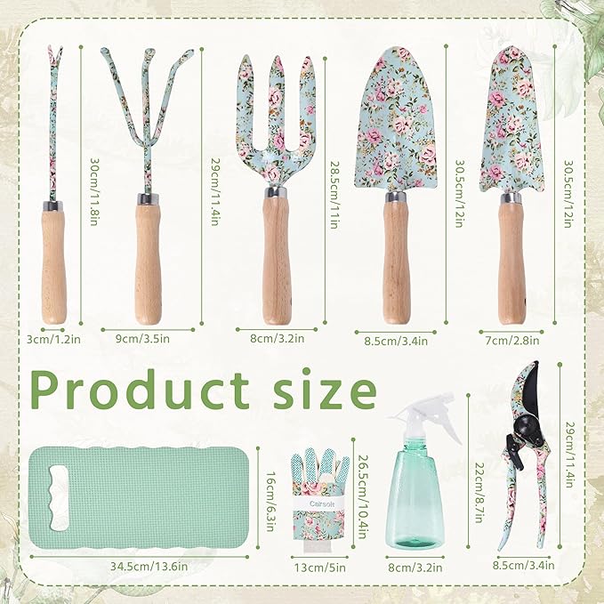 WNJ Gardening Tool Set, 10 PCS Heavy Duty Floral Pattern Garden Tools Set Kit, Complete Gardening