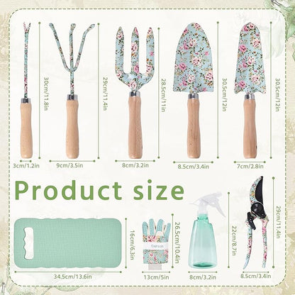 WNJ Gardening Tool Set, 10 PCS Heavy Duty Floral Pattern Garden Tools Set Kit, Complete Gardening