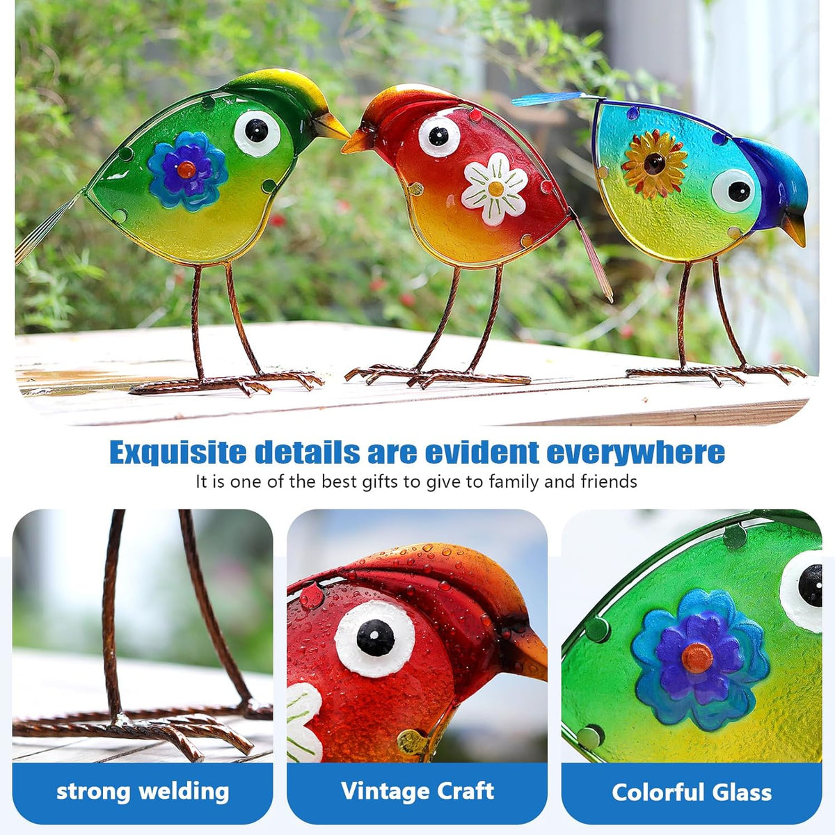 Bird Garden Decor for Outside, Glass & Metal Yard Art Decorations Outdoor Decor for Patio Backyard