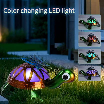 Solar Garden Outdoor Statues with Butterfly, Metal Garden Turtle Statue Solar Lights Outdoor