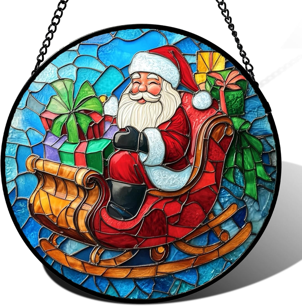 Stained Glass Window Hanging - Red Santa Claus Gift Box Suncatcher for Doors Home Christmas